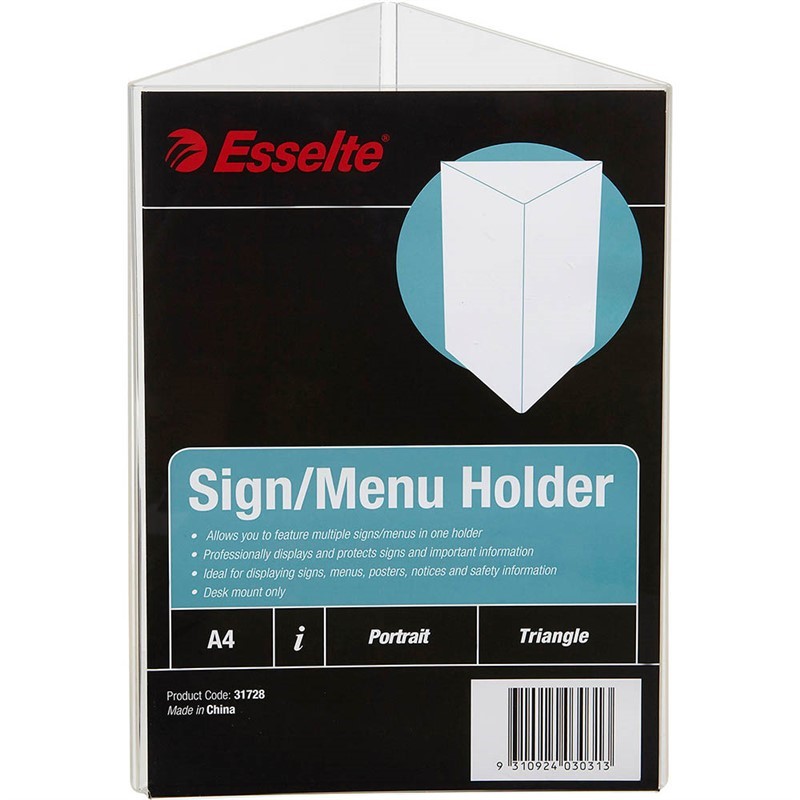 ESSELTE SIGN  MENU HOLDER TRIANGLE PORTRAIT A4 CLEAR