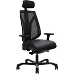 SERATI HIGH MESH BACK CHAIR BODYWEIGHT SYNCHRO 2D HEADREST ADJUSTABLE ARMRESTS BLACK ALUMINIUM BASE POLISHED FOOTPLATE NEO BLACK LEATHER