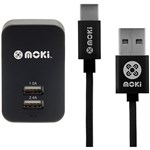 MOKI WALL CHARGER AND SYNCHARGE BRAIDED CABLE USBA TO USBC 150MM BLACK