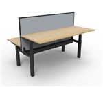 RAPIDLINE PARAMOUNT 2 PERSON BACK TO BACK ELECTRIC HEIGHT ADJUSTABLE WORKSTATION 1800 X 1530MM NATURAL OAKBLACK FRAMEGREY PRIVACY SCREEN